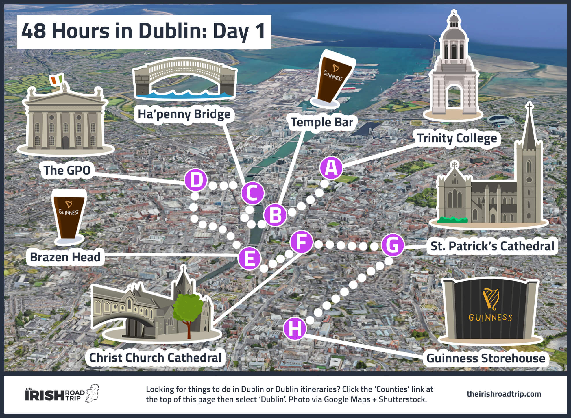 map of a 2 days in dublin itinerary