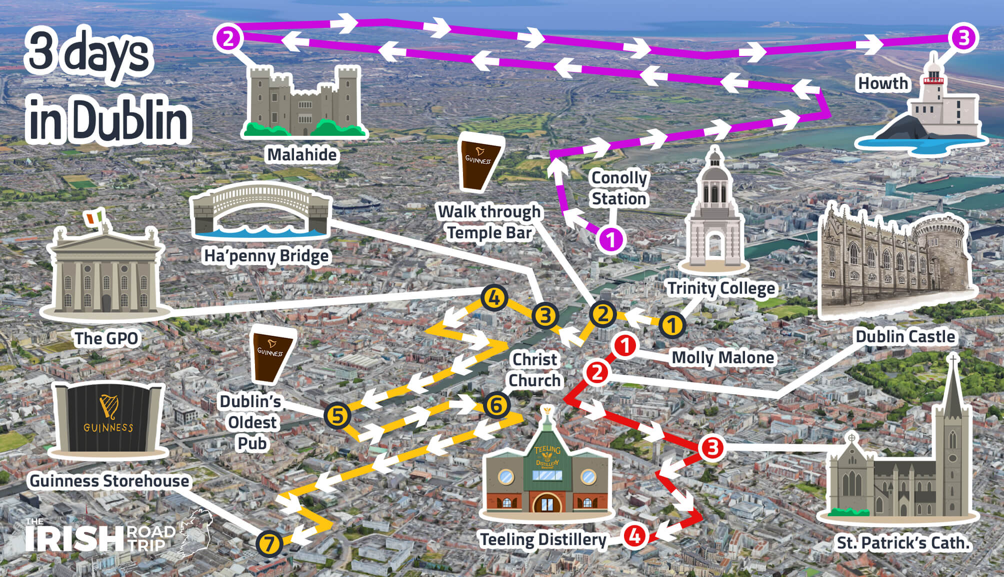 a map showing my 3 days in Dublin itinerary